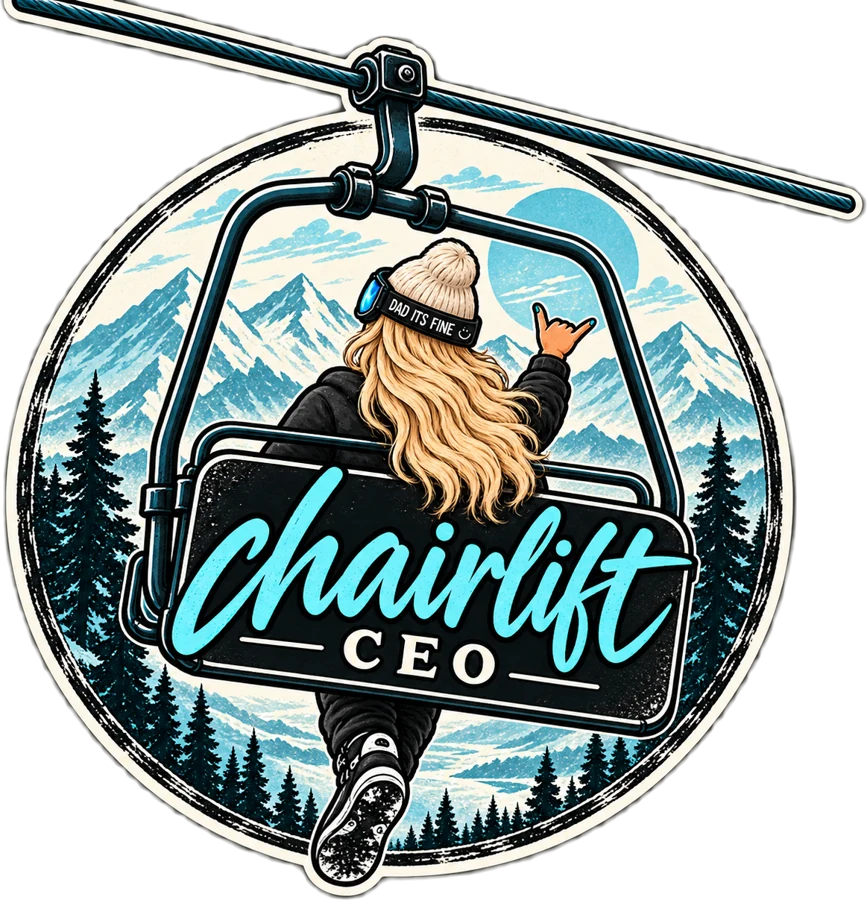 The Chairlift CEO logo: a blonde snowboarder on a chairlift with her back to us, throwing a shaka